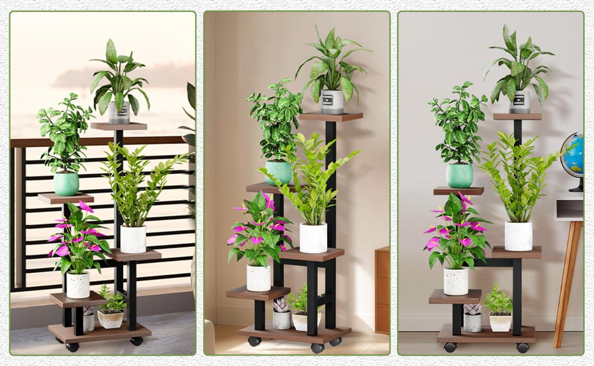 Mulisoft 5-Tier Hölzern Blumenregal Pflanzenregal, Mehrstöckig Blumenständer Pflanzenständer, Blumenbank Blumentreppe Pflanzentreppe, Standregal für Innen Garten Balkon Deko mit Rollen, Braun