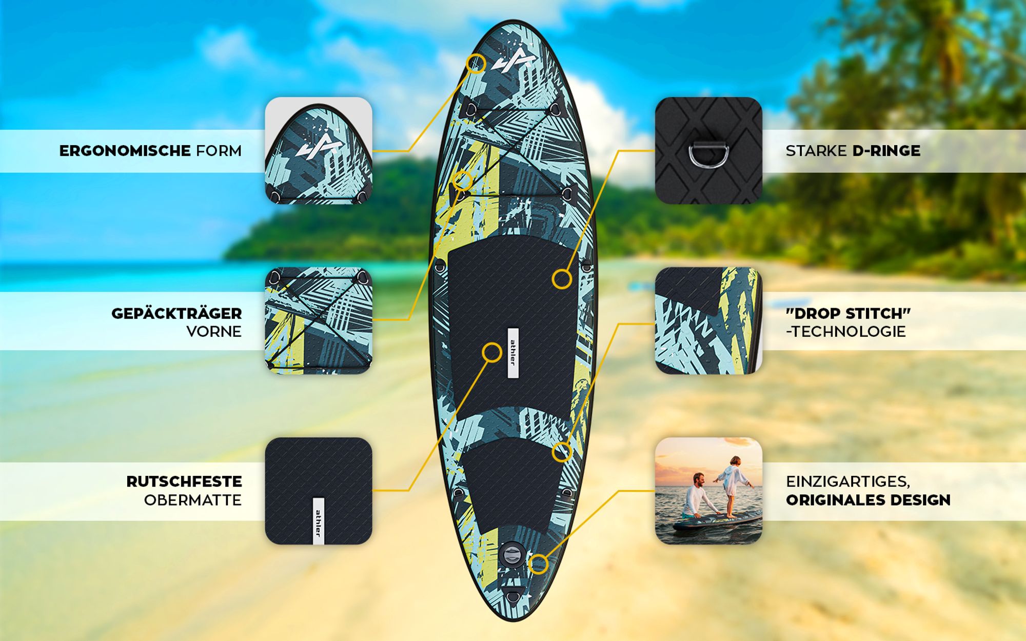 ATHLER Splash 50 Green | SUP Boards für junge Leute Stand Up Paddle Set Paddling Board | Kajaksitz Aluminium-Paddel Finnen Sicherheitsleine Luftpumpe