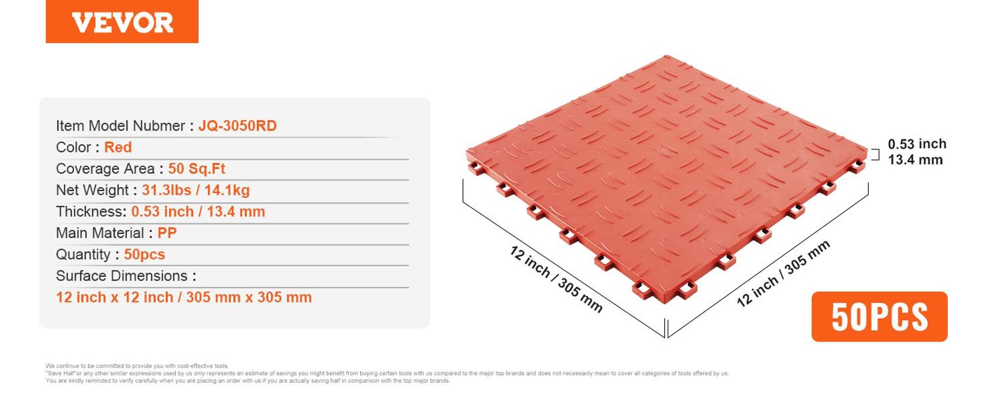 VEVOR Garagenfliesen, 12 x 12 x 0,53 Zoll, 25er Pack Garagenbodenbelagsfliesen, rutschfeste doppelseitige Textur Garagenbodenfliesen, für Garagen, Keller, Werkstätten, Rot, Rot-a
