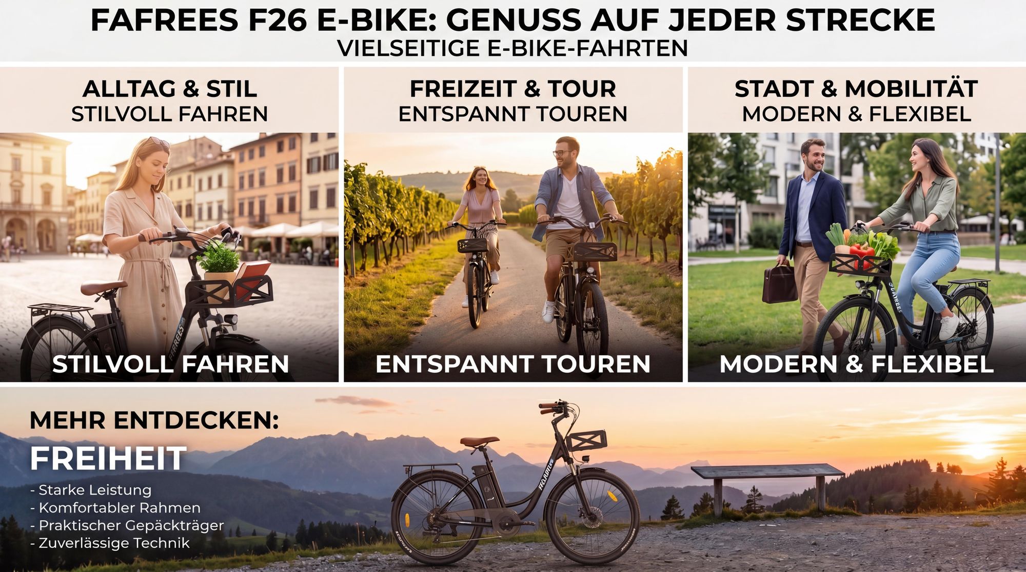 City E-Bike 26" 158 - 198 cm Pannensichere Reifen 36 V 250 W bis zu 160 - 200 km Wasserdicht IP54 mit 7 Gang, Schwarz