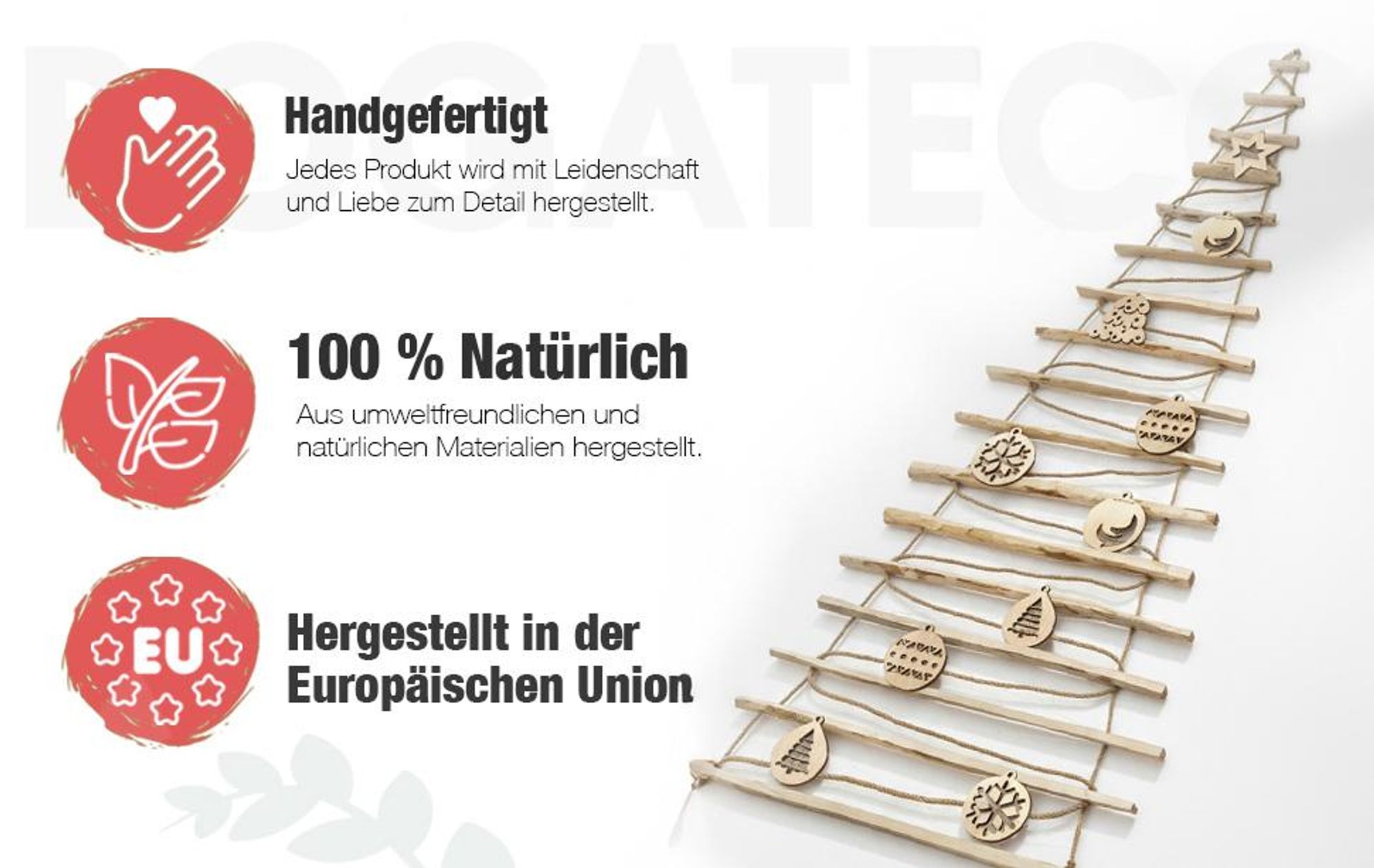 BOGATECO Handgemacht Weihnachtsbaum 205 cm hoch mit Dekorationen, aus Haselnussholz | Deko Anhänger | mit 10 m LED-Leuchten | Holzplatten verbunden mit einem Juteseil mit Einer Dicke von 6 mm