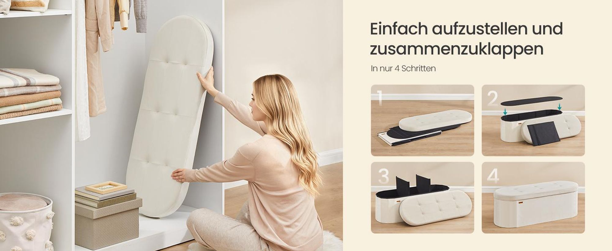 SONGMICS Sitzbank mit Stauraum, Aufbewahrungsbox, faltbare Fußbank, einfacher Aufbau, Samt, 110 L, weiß