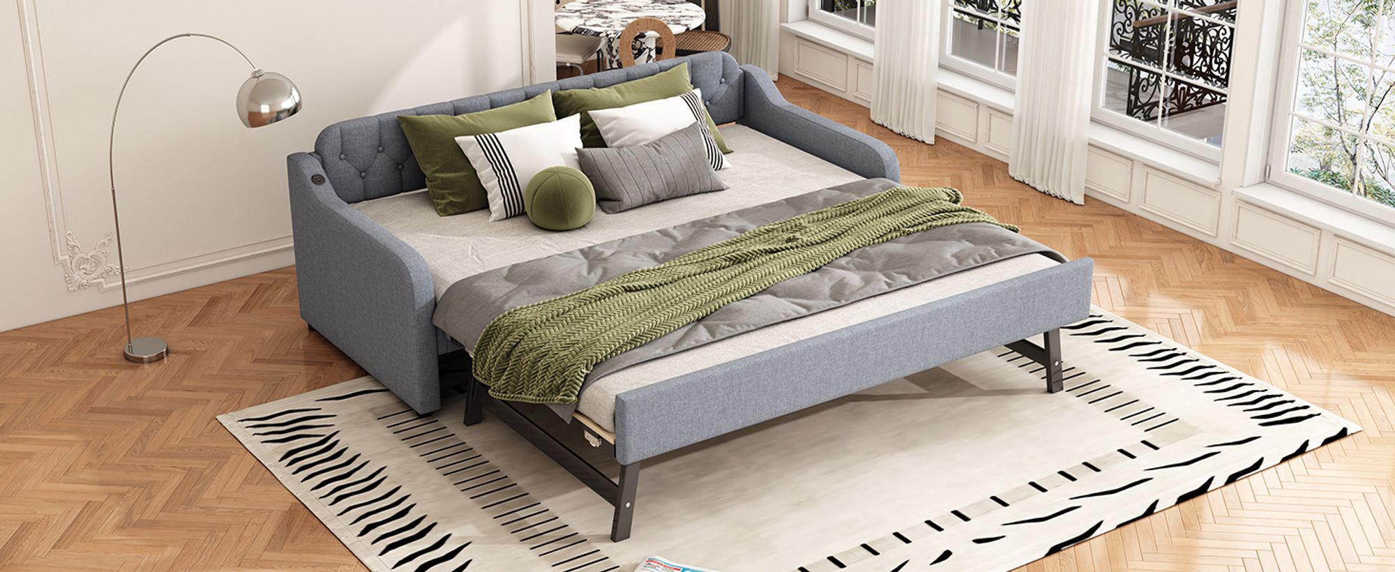 Merax Tagesbett 90x200cm/180x200cm Ausziehbett, Erweiterbares Schlafsofa mit USB und Lattenrost, Leinen Polsterbett Kinderbett Sofabett, Grau