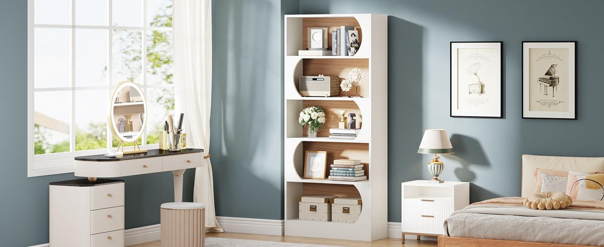 LITTLE TREE Modernes Bücherregal mit 5 Ebenen, 180 cm freistehendes Bücherregal mit Ablagen, großes offenes Holzregal für Schlafzimmer, Wohnzimmer