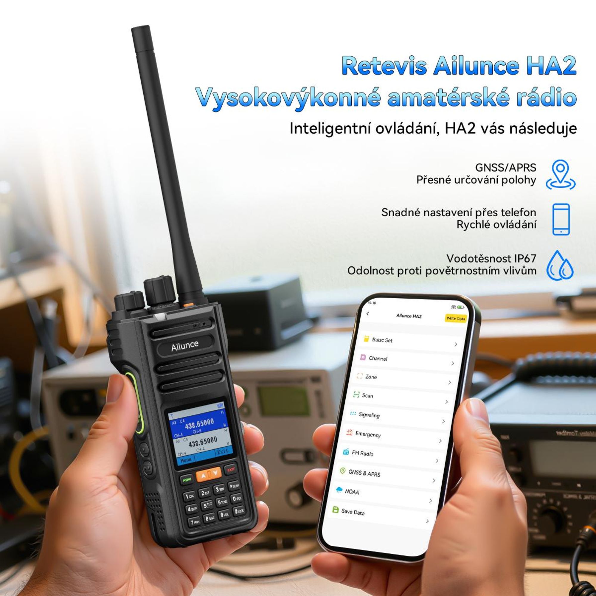 Retevis Ailunce HA2 Bluetooth rádio, radioamatérské, APP ovládání, APRS/GPS, rychlé nabíjení, IP67 vodotěsné, 2800mAh, SOS, pro radioamatéry