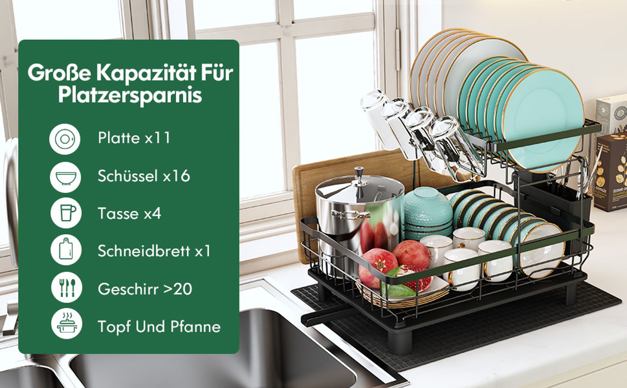 Abtropfgestell Geschirr, 2-Stufiges Geschirrabtropfgestell mit Abtropfschale und Abtropfmatte, Edelstahl-Abtropfgestell mit Utensilienhalter
