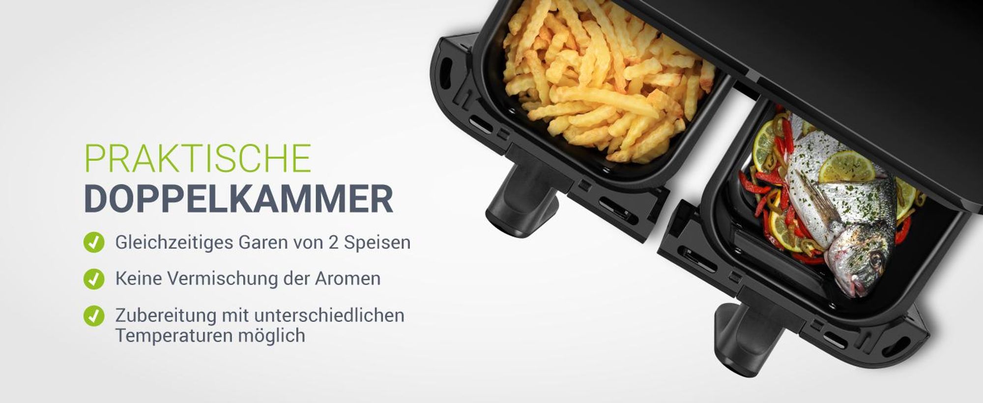Juskys Heißluftfritteuse 9 L - 2 Kammern, Smart Finish, 9 Programme, Friteuse