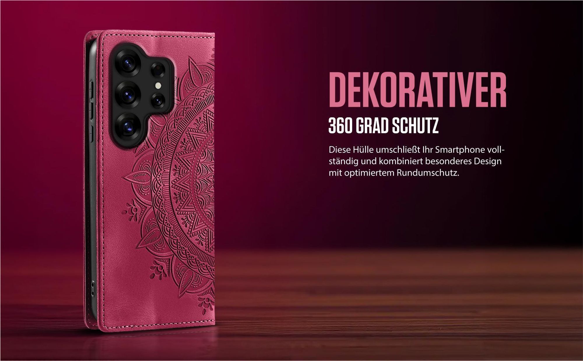 Mandala Design Flipcase in Magenta für Samsung Galaxy S26 Ultra mit 360 Grad Schutz