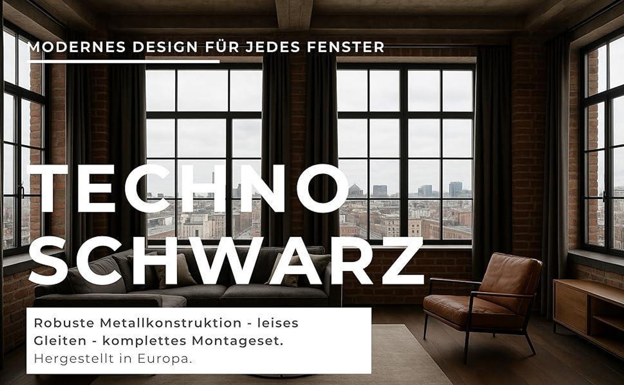 Techno 120 cm Einzelne Gardinenstange Schwarz 19 mm aus Metall mit Endstück Basic Komplettset mit Ringen und Clips Inklusive Montagezubehörset