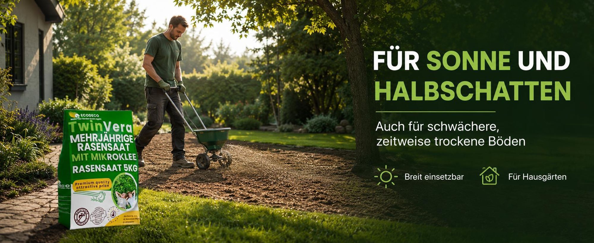 EcoDeco Mikroklee Rasenmischung mit Mikroklee, Rasen mit Mikroklee, mehrjährige Grassamen für Sonne und Halbschatten, 5 kg