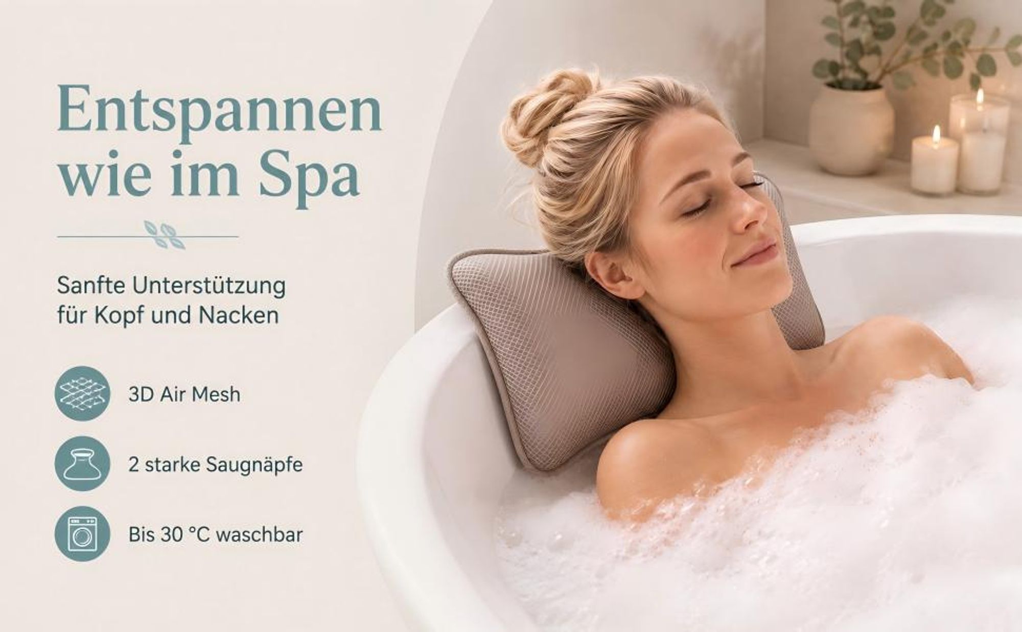 Badewannenkissen, Badekissen, mit 2 Saugnäpfen, Schnelles Trocknen, Einfache Reinigung, aus Memory-Schaum, für Badewanne, Whirlpool & Home Spa