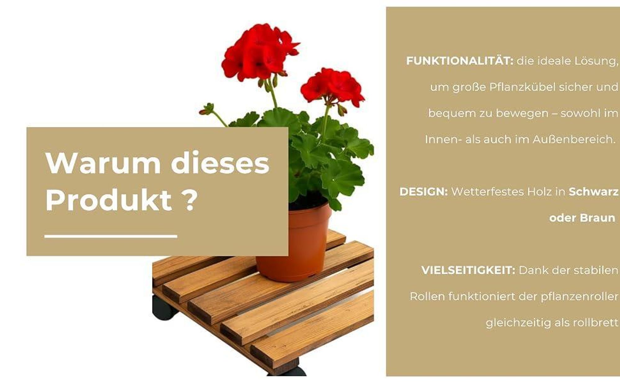 STOLMAK Pflanzenroller 30x30x8 cm Braun– Blumenuntersetzer mit Rollen aus wetterfestem Kiefernholz – Rollbrett für Pflanzen Outdoor Massivholz