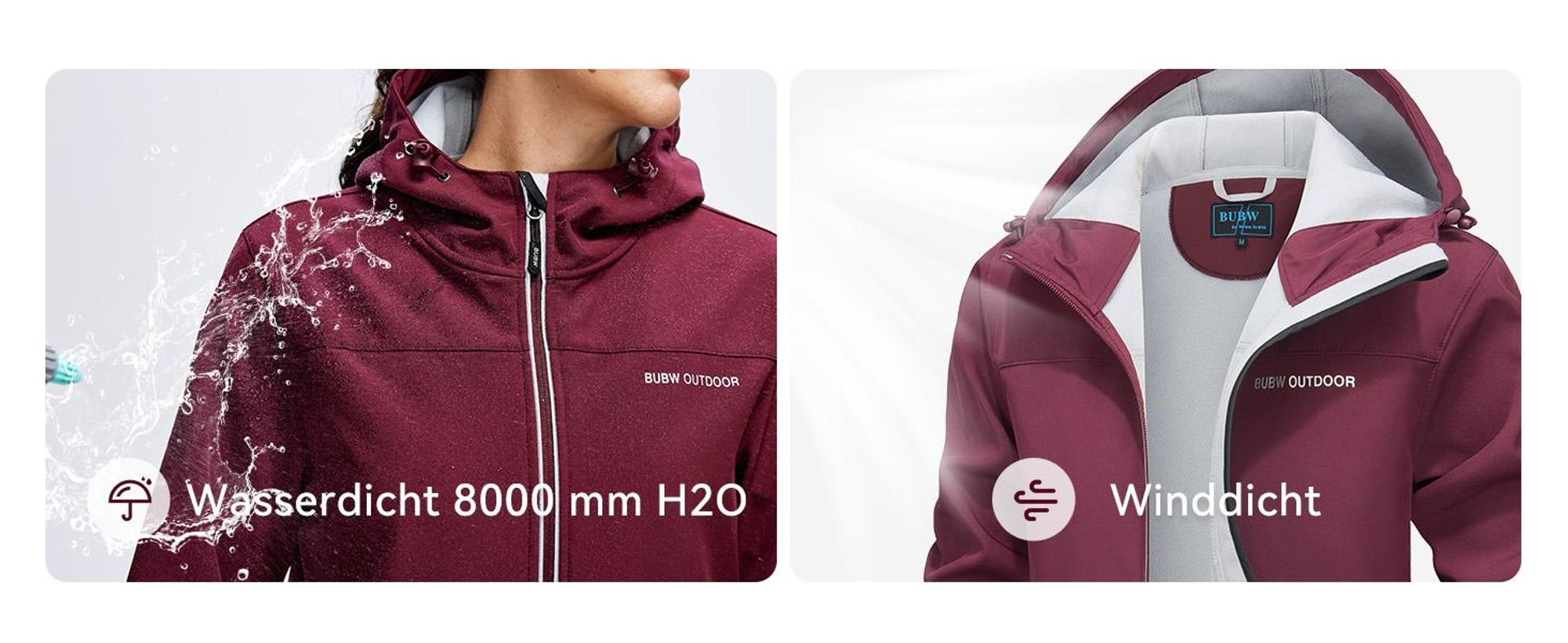 BUBW Damen Softshelljacke wasser- und winddicht mit Kapuze Gefütterte Outdoor-Jacke mit Reflexstreifen Verstellbare Manschetten