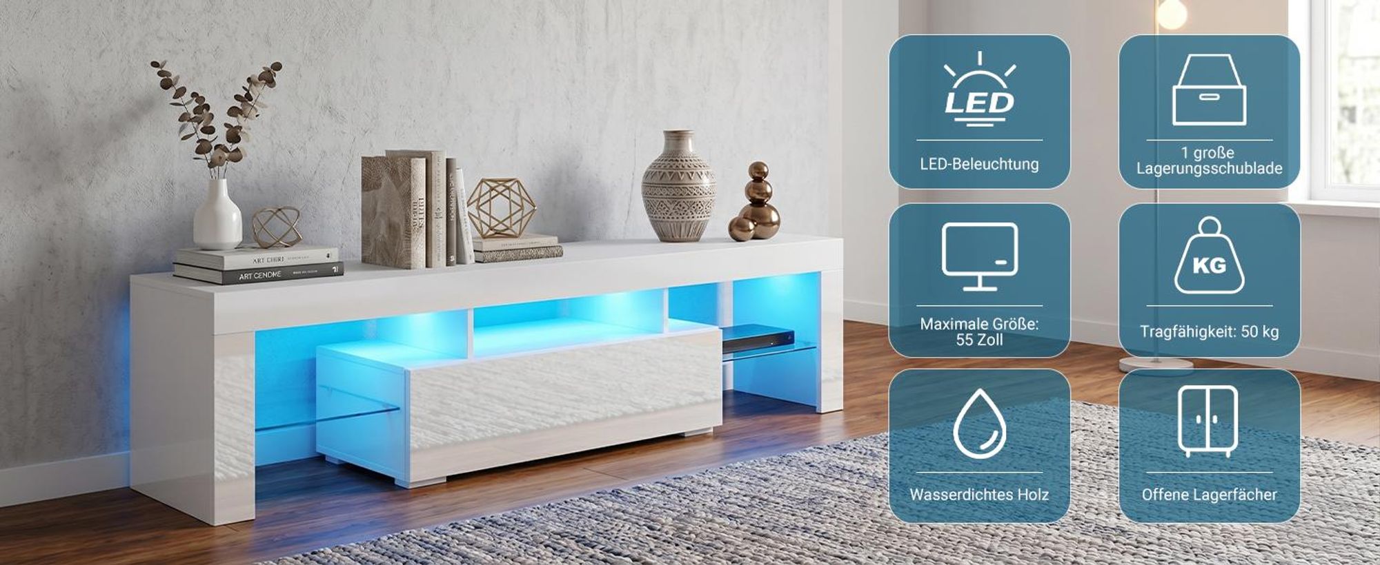 FCH TV-Schrank mit LED Beleuchtung und 1 Schublade TV Lowboard 130 x 35 x 45cm Weiß