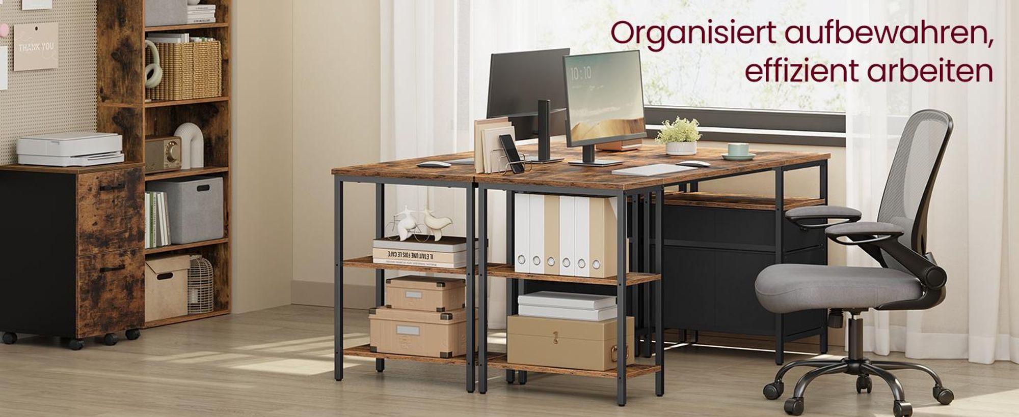 VASAGLE Computertisch mit 3 Ablagen, Bürotisch mit 2 Schubladen, Schreibtisch, 160 x 60 x 76 cm, Industrie-Stil, braun-schwarz
