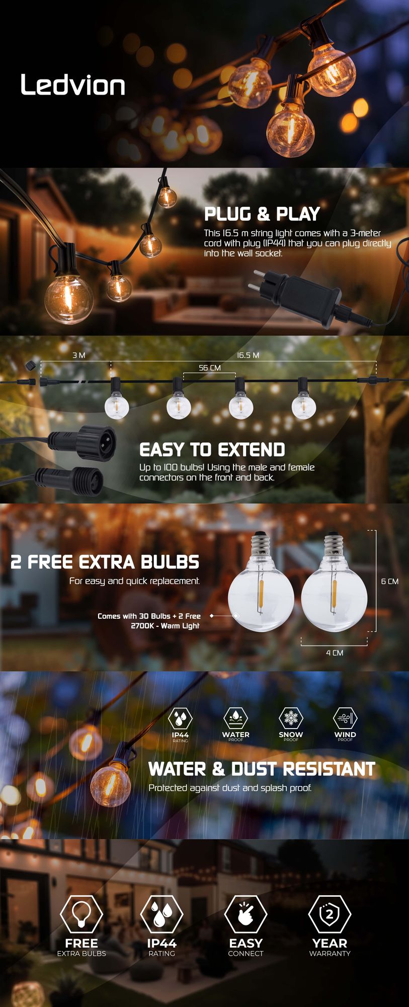 Ledvion LED Lichterkette Außen 16.5M IP54 9W 2200K weiß