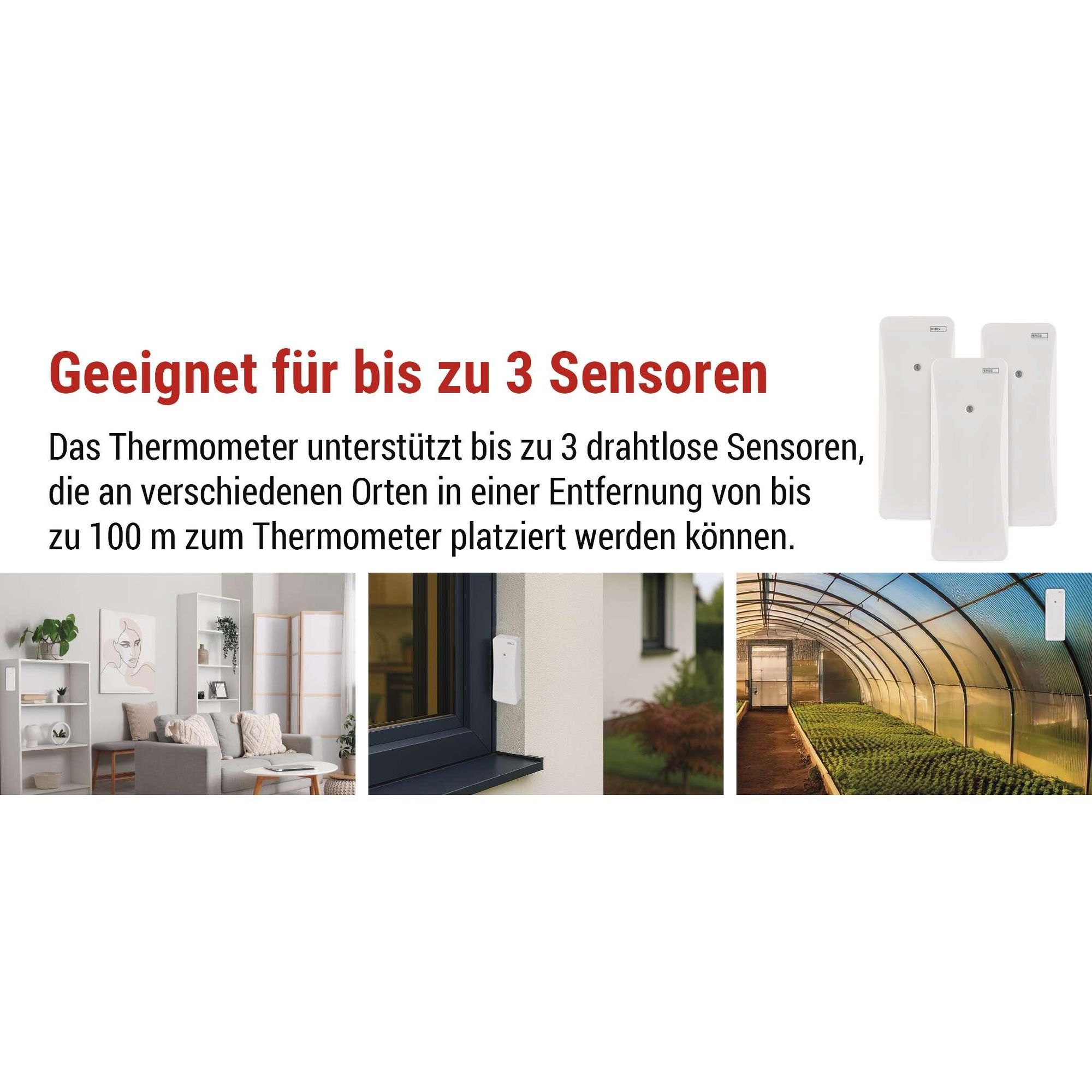 EMOS Digitaler Thermometer und Hygrometer mit kabellosem Sensor, 100 m Reichweite, Trend- und Komfortanzeige, Datum, Uhrzeit, Wecker, weiß, E0558W