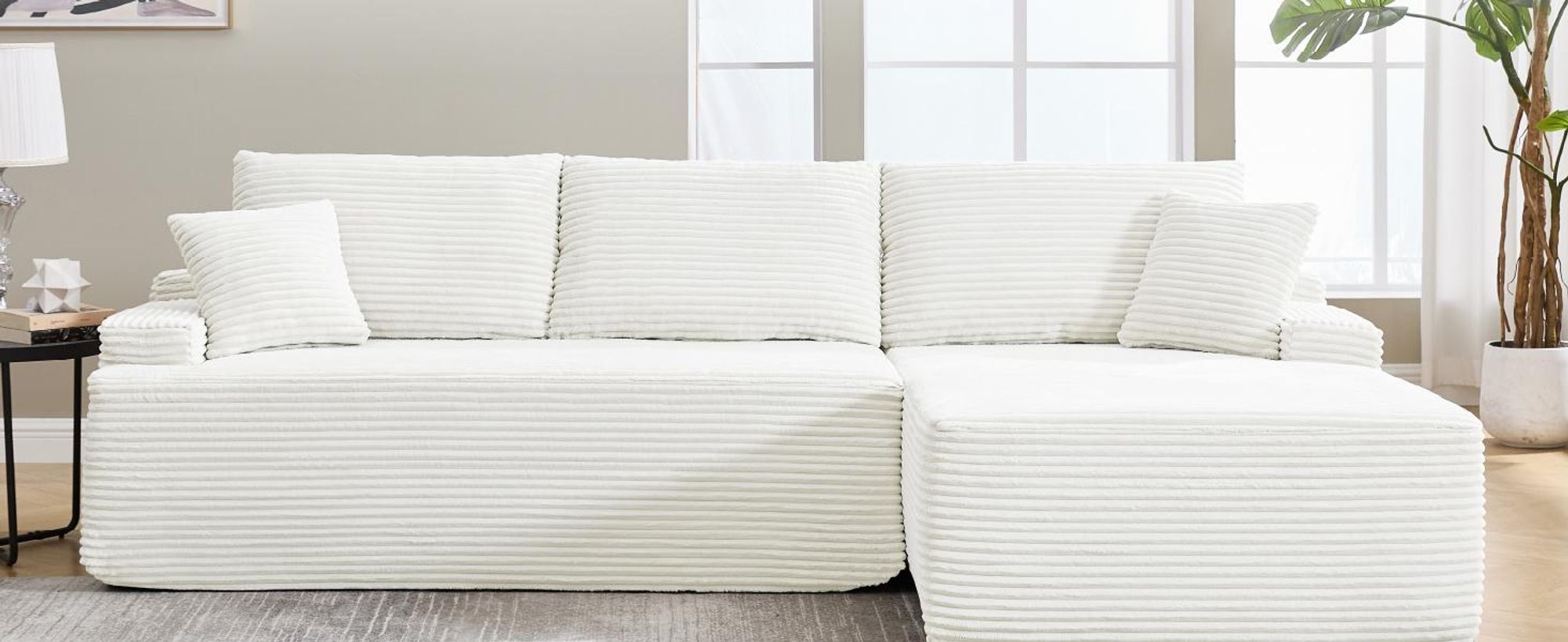 Juskys Sofa Coredo - Creme, moderne Couch aus Cord mit Kissen, Ottomane rechts