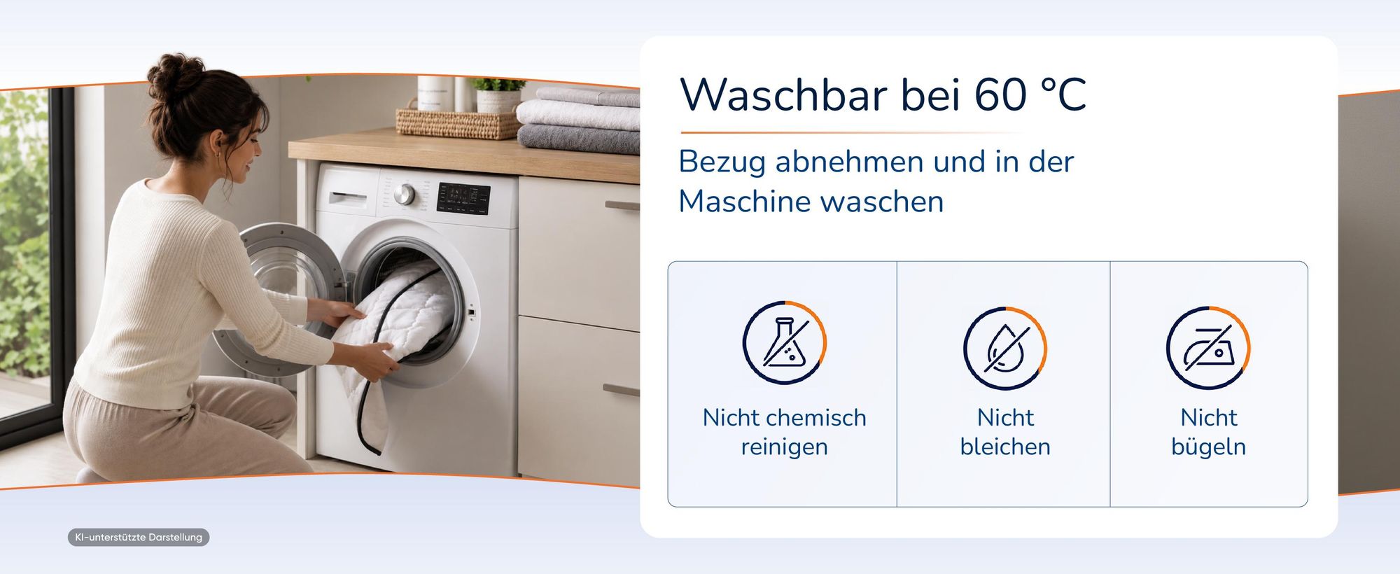 Frau legt den Bezug in die Waschmaschine, daneben drei Pflegesymbole