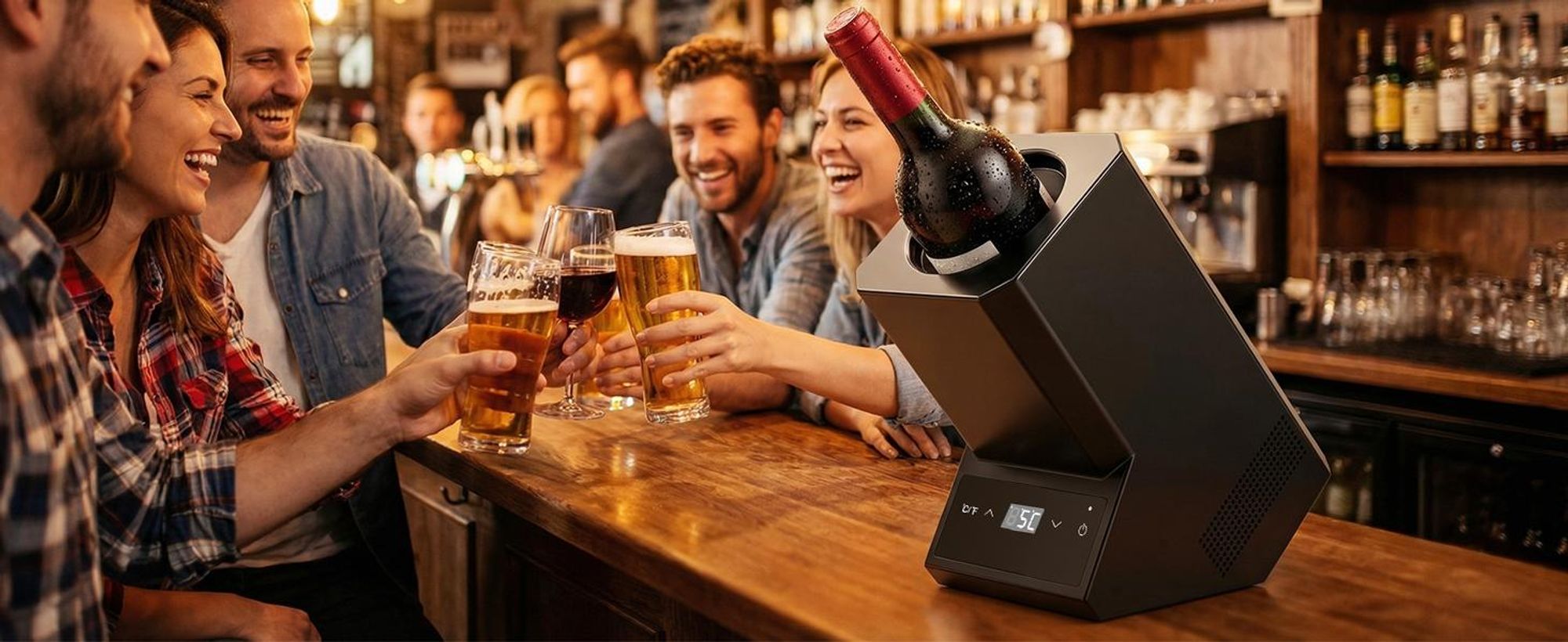 5-18°C Einstellbar Weinkühler Elektrisch, Touch Bedienung & 24H Dauerbetrieb Cooler Flaschenkühler Getränkekühler für Wein Sekt Champagner ohne Eis