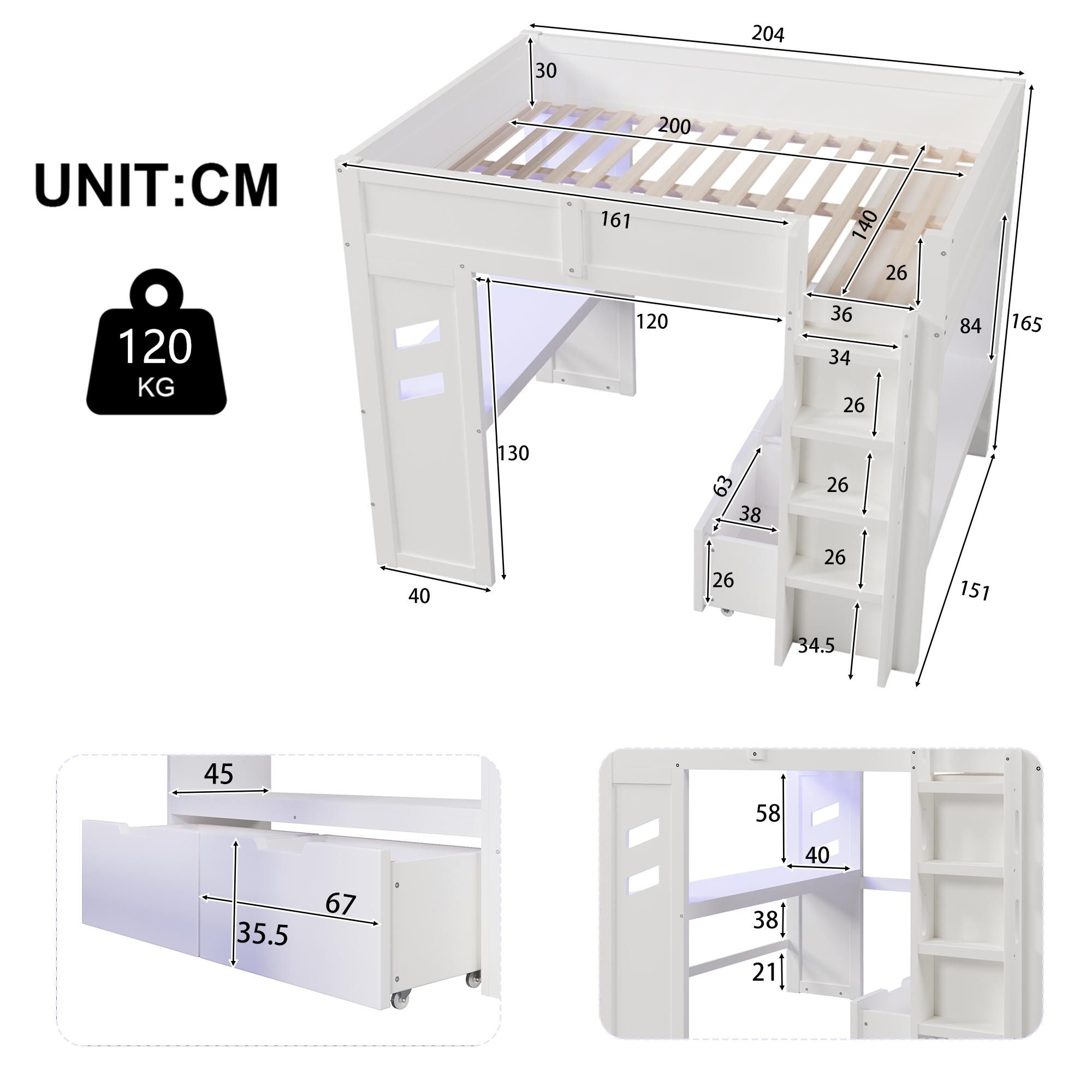 Flieks Etagenbett 140x200cm mit Schreibtisch und Ladefunktion, Kinder Hochbett mit Led, Kinderbett Doppelbett mit Stange und Schubladen, Weiß