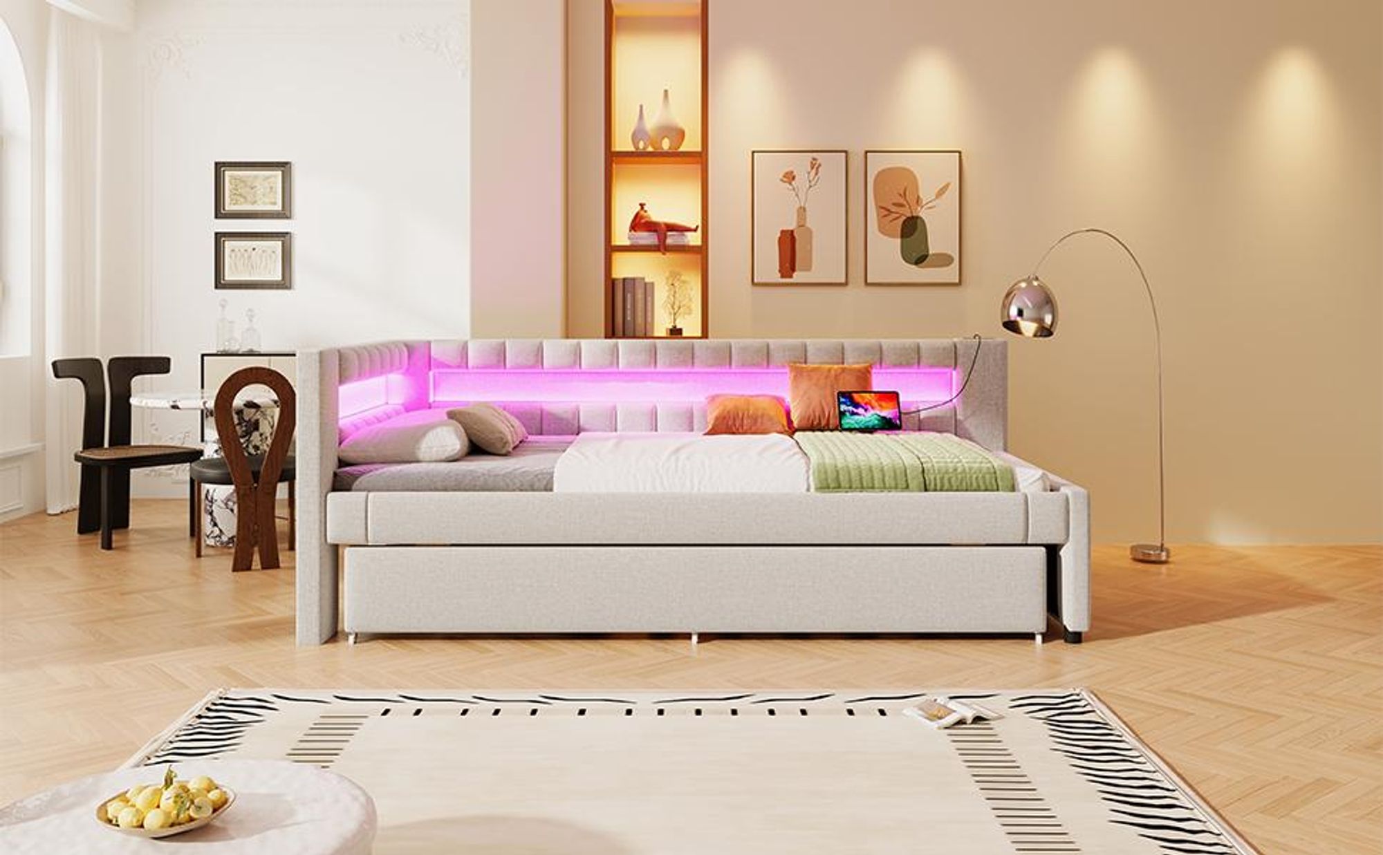 Merax Tagesbett Daybett 90x200 cm, mit Ausziehbett 90x190 cm, LED, USB und Type-C, Schlafsofa, Schlafsofa, Grau