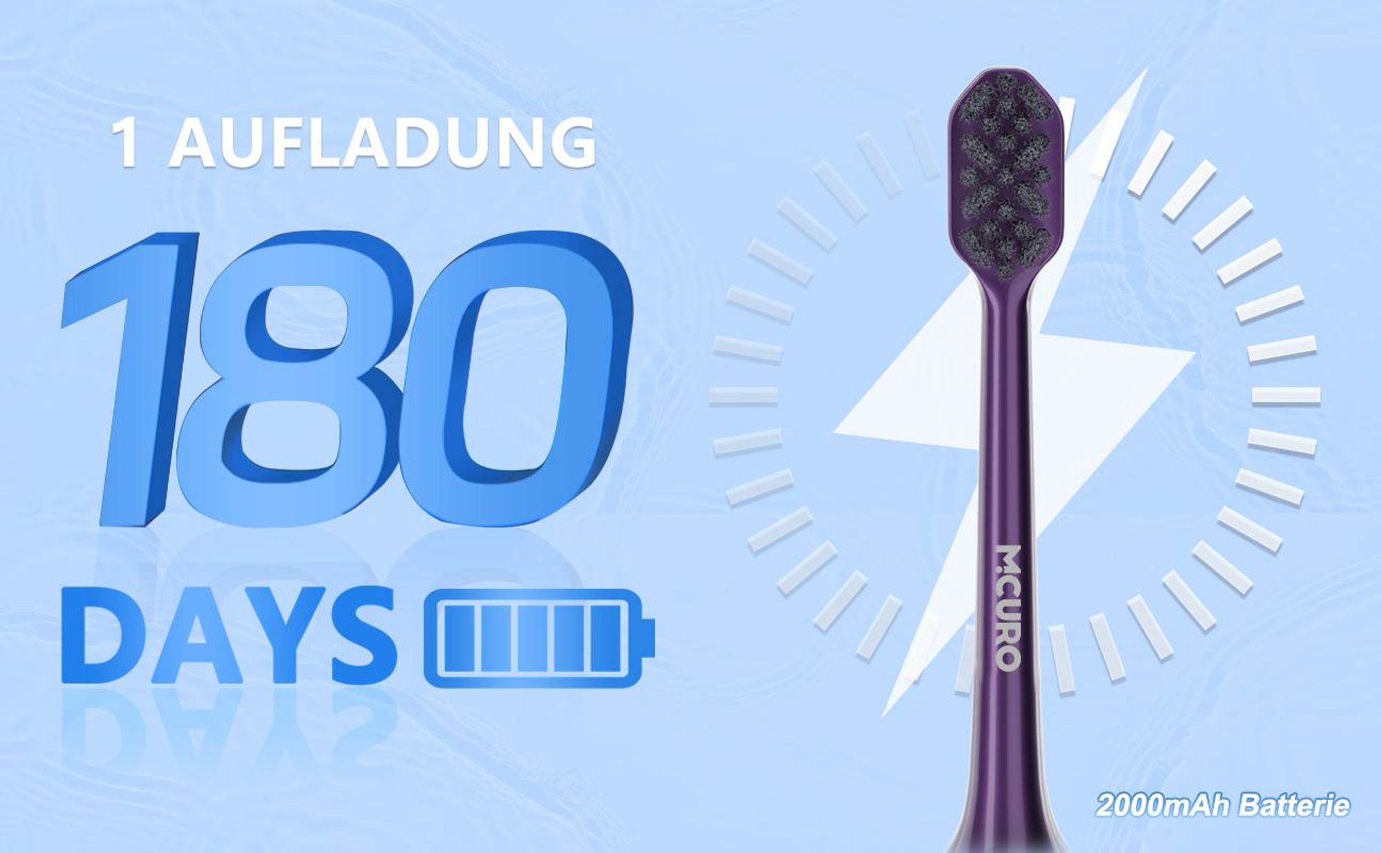 MCURO Elektrische Schallzahnbürste, 45.000 VPM, bis zu 180 Tage Akkulaufzeit, 5 Putzmodi, IPX7 wasserdicht, mit Timer & 6 Bürstenköpfen, Lila