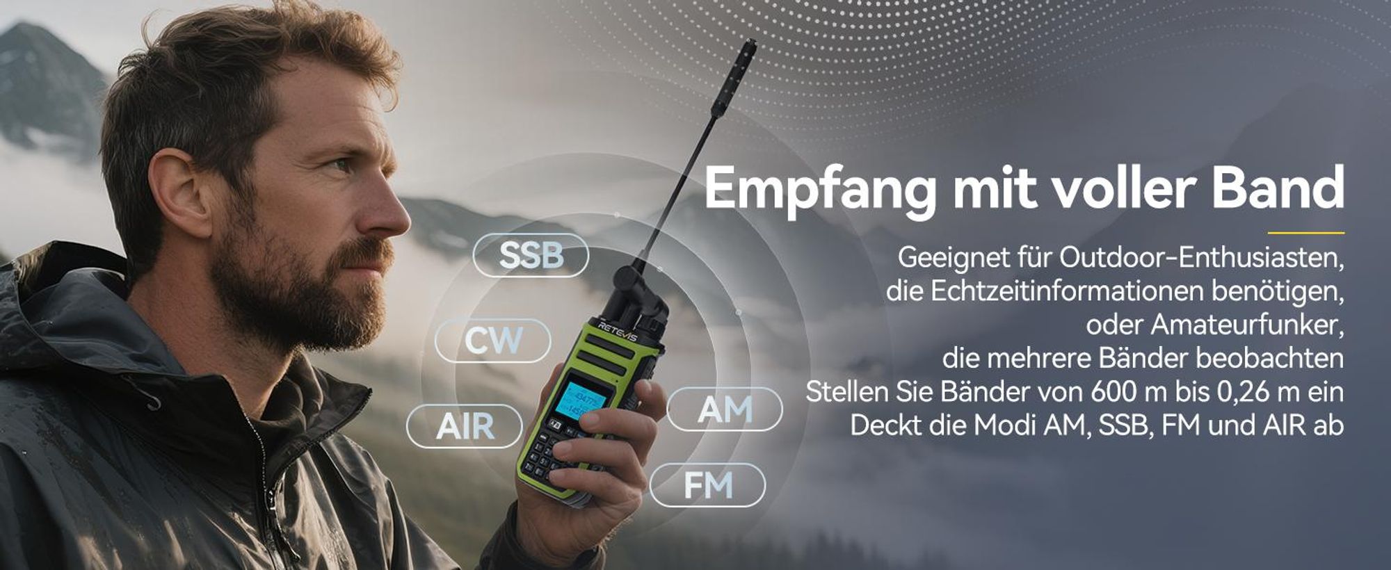 Retevis A3 Funkgerät, Walkie Talkie, Quadband-Amateurfunk, AM/SSB/FM/AIR-Modi, Dual Channel, 2500 mAh, mit Einstellbarer Leistung, für Jagd, Camping