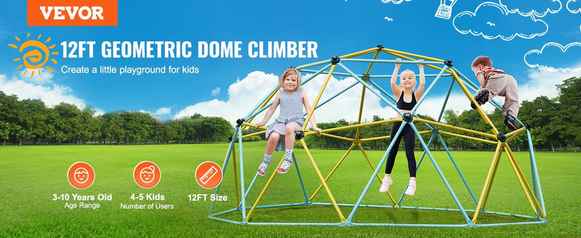 VEVOR Kletterdome, 3m geometrischer Kletterdome Spielzentrum für Kinder von 3 bis 10 Jahren, Spielplatz unterstützt 340 kg und einfache Montage, mit Klettergriffen, Outdoor-Spielgeräte für den Garten für Kinder, 12 ft, Keine Ersatzteile-b