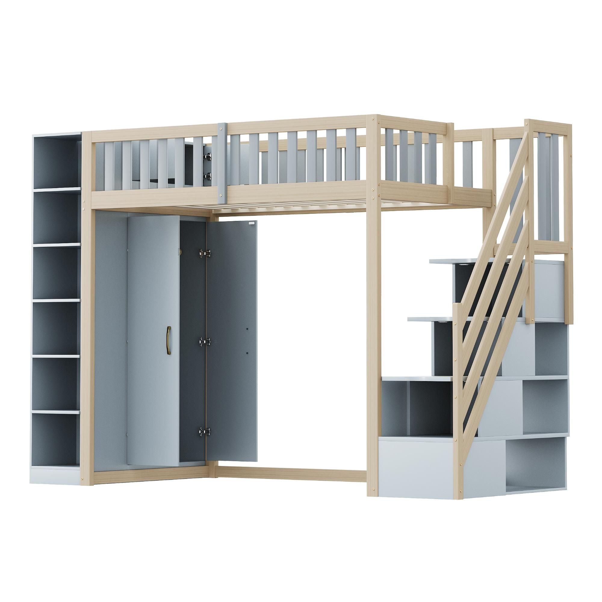 Flieks Etagenbett 90x200cm mit Kleiderschrank und Regal, Hochbett mit Treppe und Schubladen, Kinderbett mit Rausfallschutz & Lattenrost, Grau
