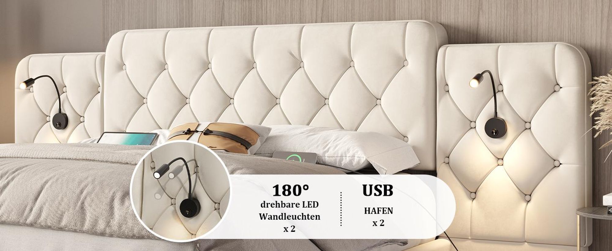 LVHOM Polsterbett 180x200 cm mit Leselampen und USB, Hydraulisches Boxspringbett mit Bettkasten, Doppelbett Samt mit Lattenrost, Funktionbett, Beige