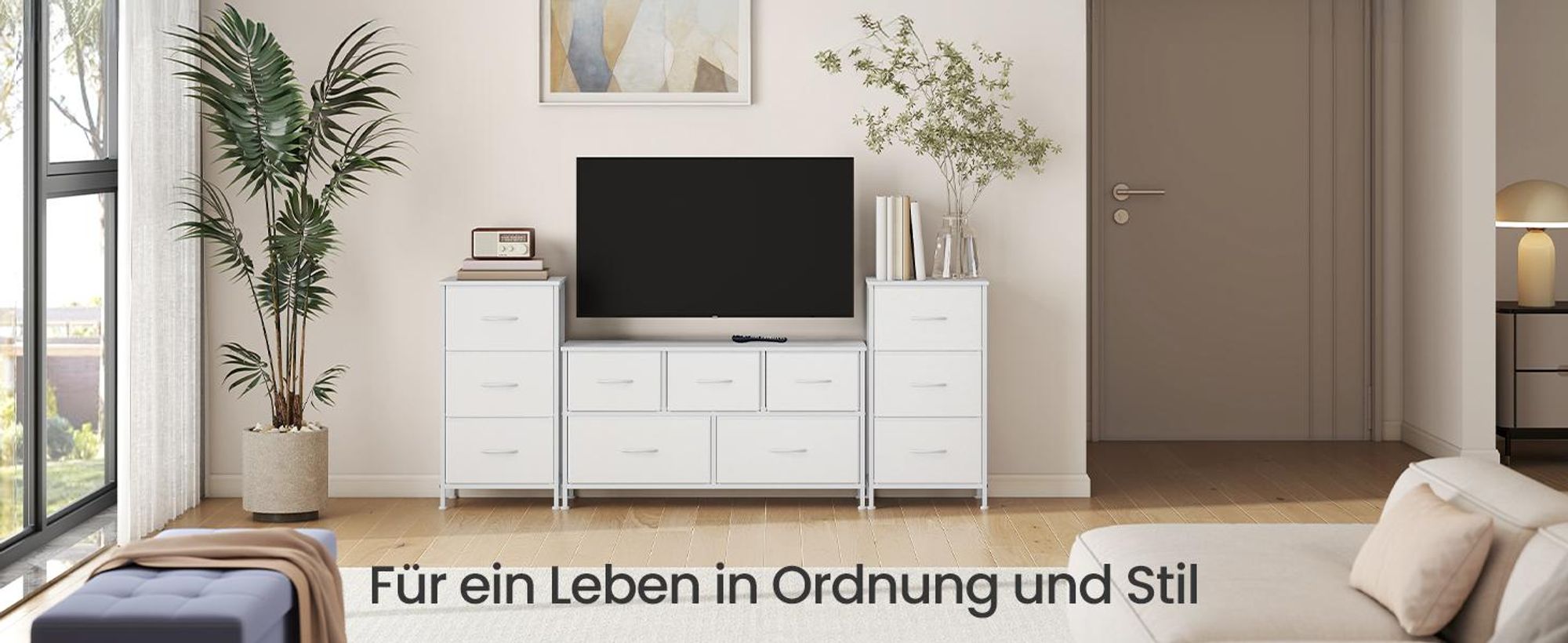 SONGMICS Kommode, Schrank, 3 Stoffschubladen, für Schlafzimmer, Flur, Wohnzimmer, weiß
