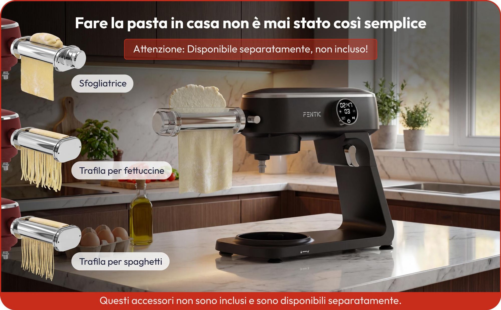Fentic Impastatrice Planetaria 1800W, Ciotola Inox 7L, Robot da cucina per pane e pizza, 10 velocità con timer & Paraspruzzi