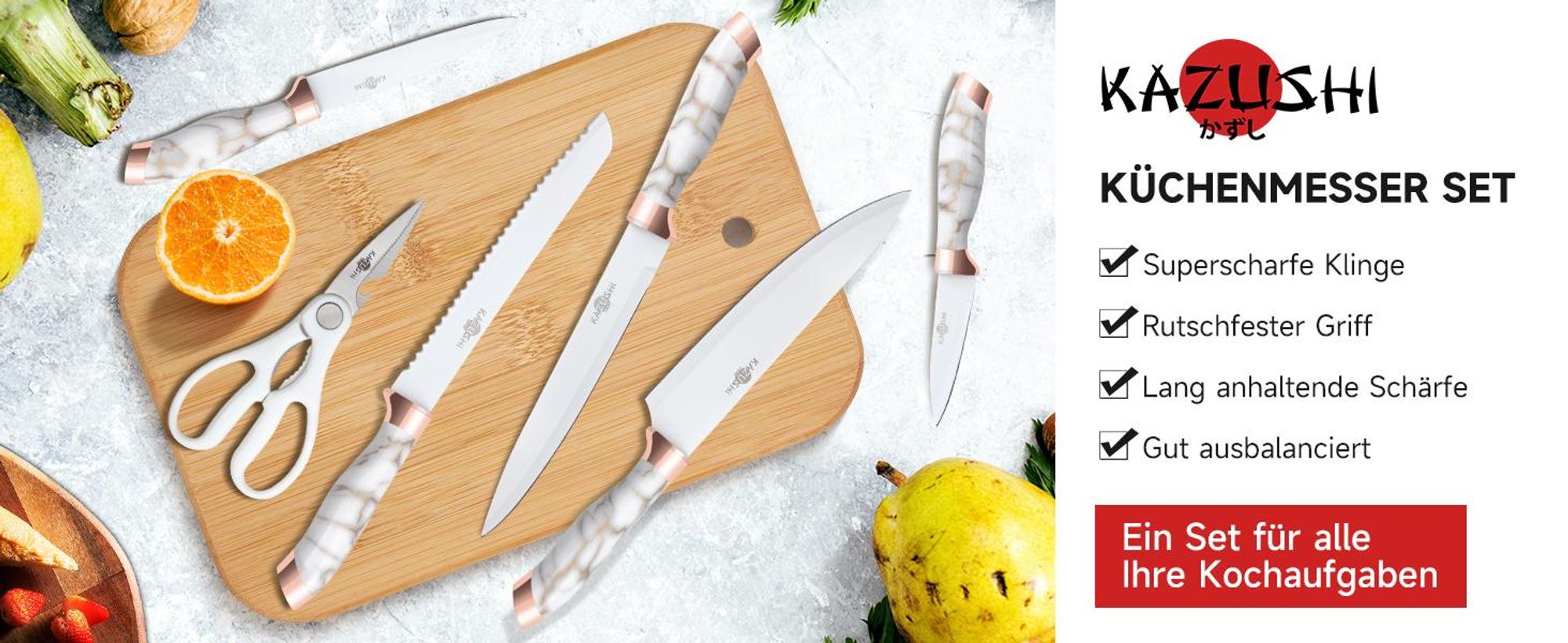 KAZUSHI Messerblock mit Messer 7-teilig, Selbstschärfender, Weiß Scharfe Küchenmesser, Profi Messerset mit Block, Edelstahl Messer Set (KA-KN71)