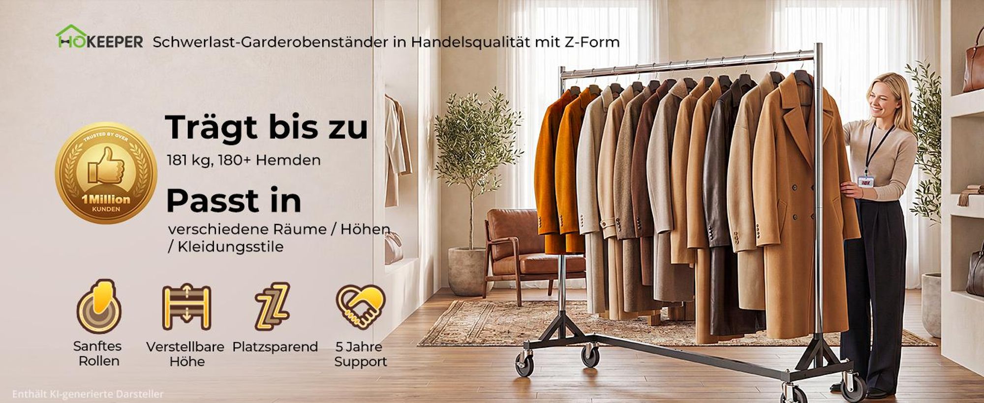 HOKEEPER Kommerzieller Kleiderständer mit Z-Ständer, Tragkraft 182 kg, robuster Kleiderstange auf Rollen, verstellbarer Garderobenständer zum Aufhänge