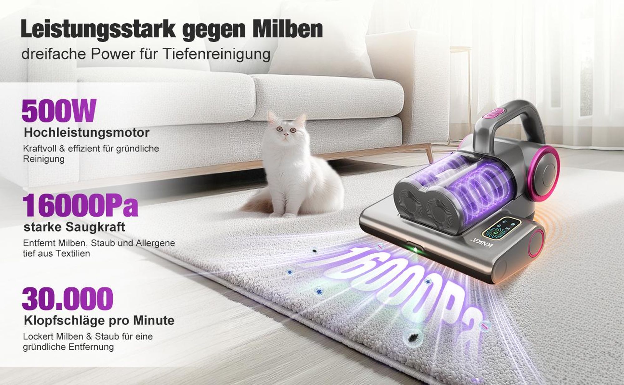 KNKA PRO Matratzensauger 500 W, Milbenstaubsauger mit UV-C-Licht 253,7 nm, 16 kPa Tiefensaugkraft, HEPA-Filter & Aluminiumwalze, 30.000 Vibrationen/Min., 0,5 L Behälter, ideal für Allergiker