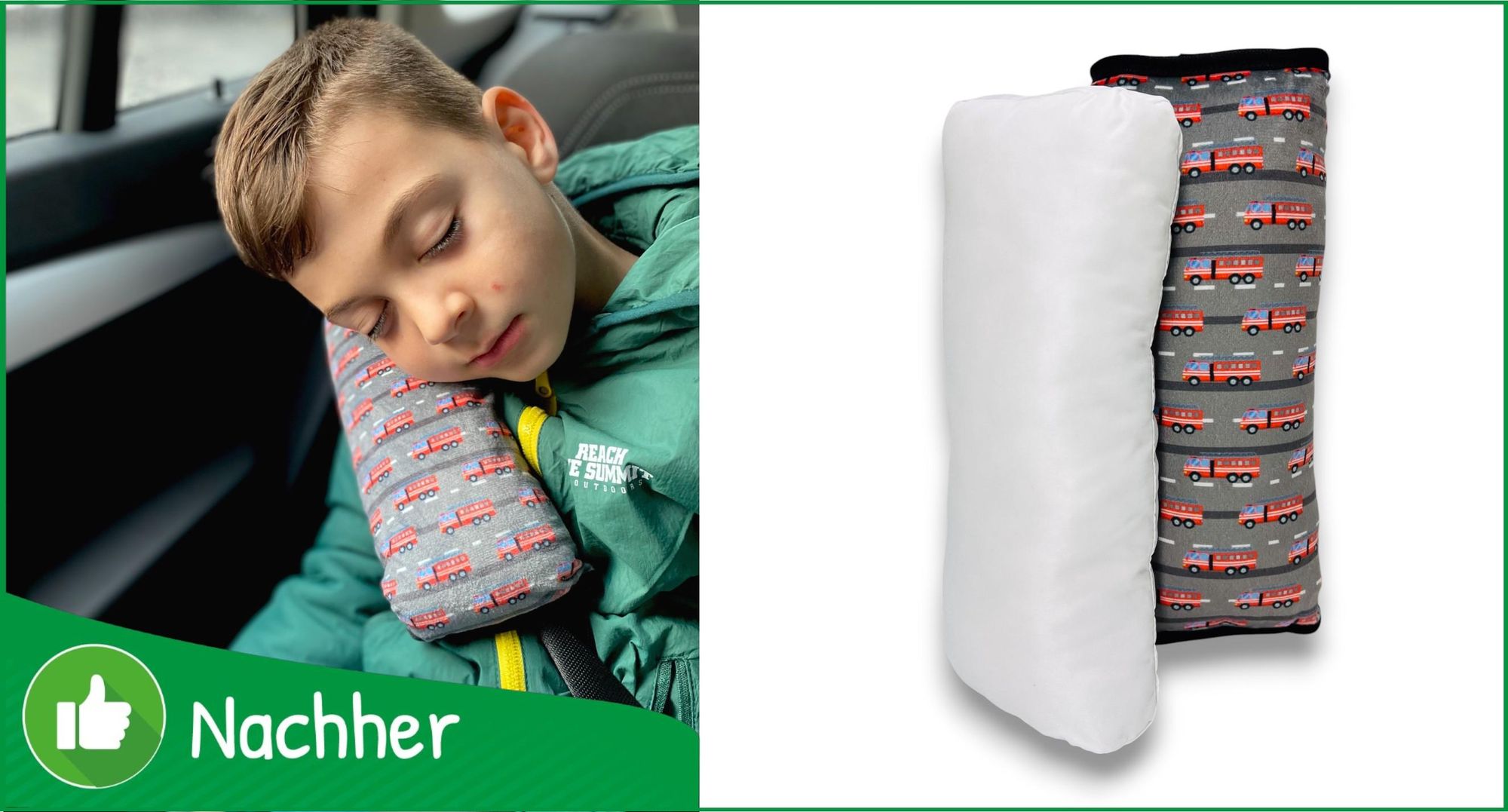 HECKBO® Feuerwehr Auto Schlafkissen für Kinder - maschinenwaschbar – kuschelweich hochwertiges Auto Gurtkissen, Gurtschoner, Gurtkissen, Gurtschutz, Auto Kissen, Reisekissen, Urlaub - 30cm x 12cm