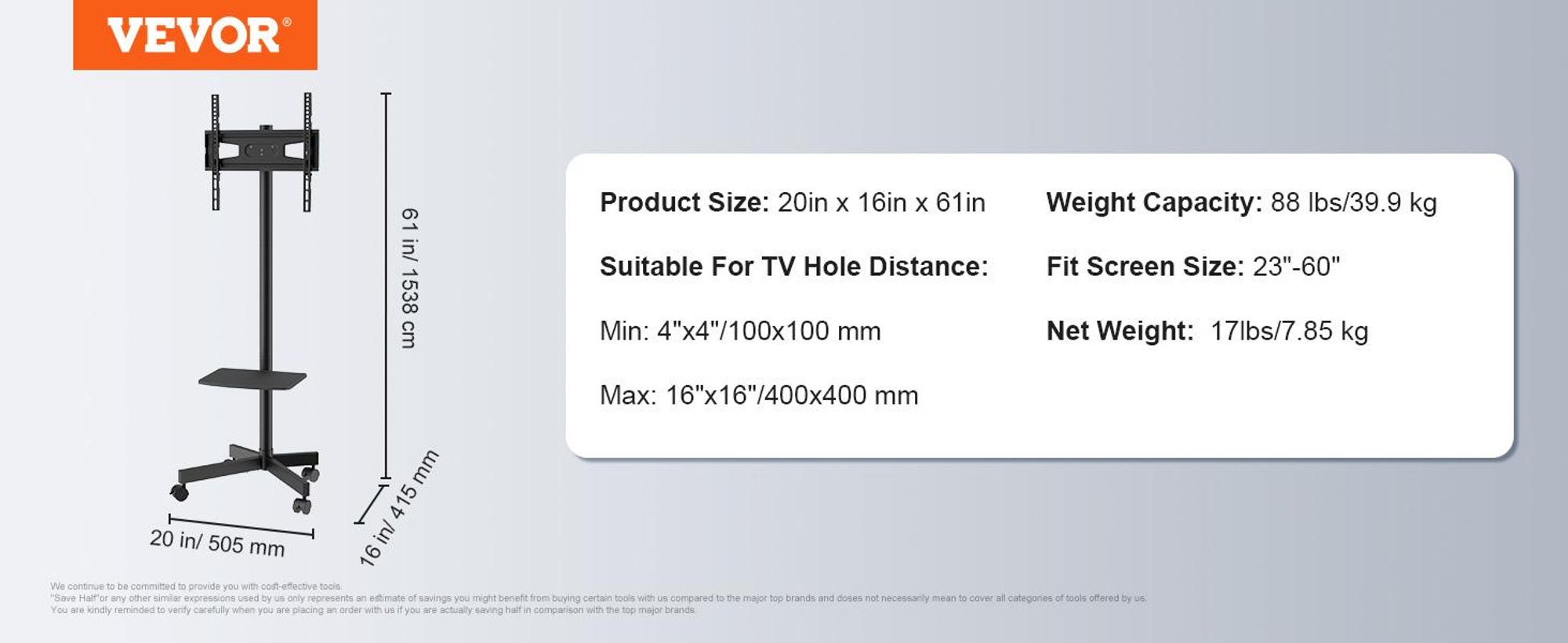 VEVOR Mobiler TV-Ständer, Mobiler TV-Wagen für 32 bis 70 Zoll Fernseher, Höhenverstellbarer Tragbarer TV-Ständer mit Rädern, Doppelschale für audiovisuelle Geräte, Rollender TV-Ständer mit Halterung für Schlafzimmer, Wohnzimmer, 58,4-152,4 cm, Rollende-a