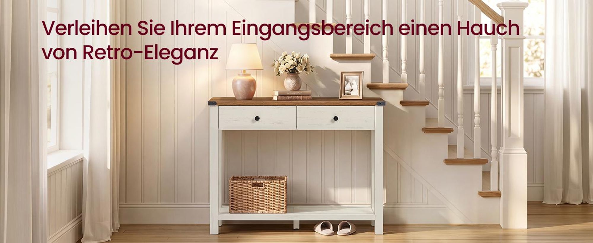 VASAGLE Konsolentisch, Beistelltisch, mit Ablage, schmaler Konsolentisch, mit 2 Schubladen, für Wohnzimmer, Landhausstil, Weiß-Braun