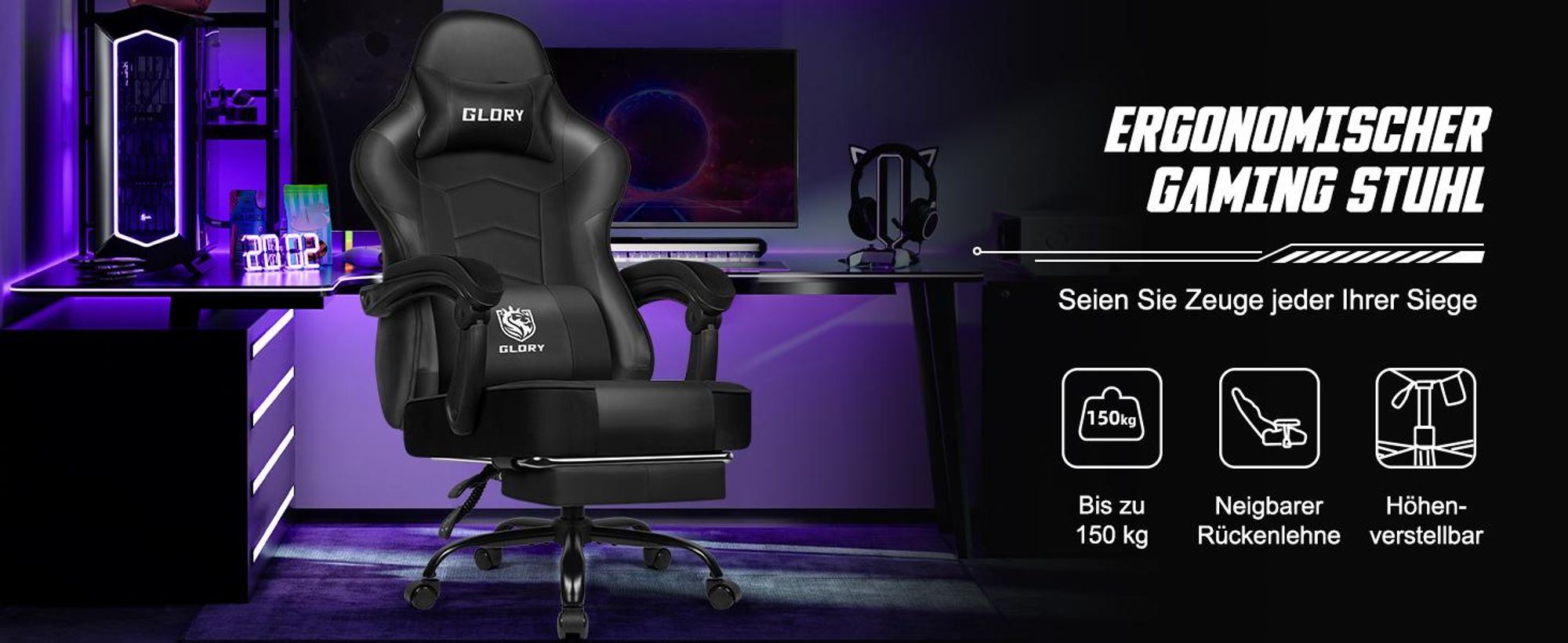 Adormii Gaming Stuhl Bürostuhl Schreibtischstuhl Ergonomischer Gaming Sessel mit Fußstütze und Lordosenstütze, Wippfunktion90°-170°, Schwarz