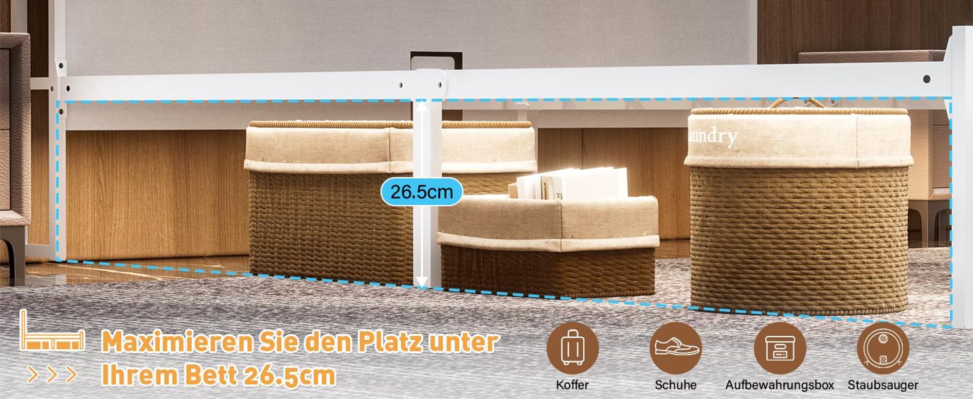 DEWINNER Bettrahmen, 140 x 200, mit Metallgestell, 2-Personen-Bett, mit LED-Beleuchtung und Mehrfachsteckdosen (1 Steckdose, 2 USB-Anschlüsse)