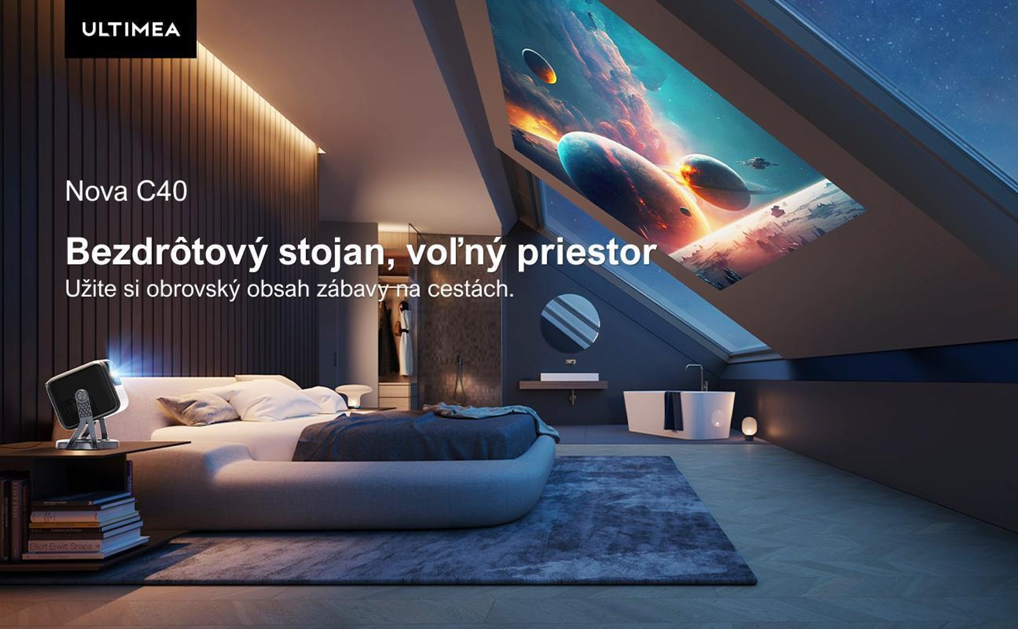 Projektor ULTIMEA Nova C40 s dekódovaním 4K a Android TV 11.0 1000:1, Dolby Audio, 600 ANSI, HDR10&HLG, s 90° kardanovým stojanom