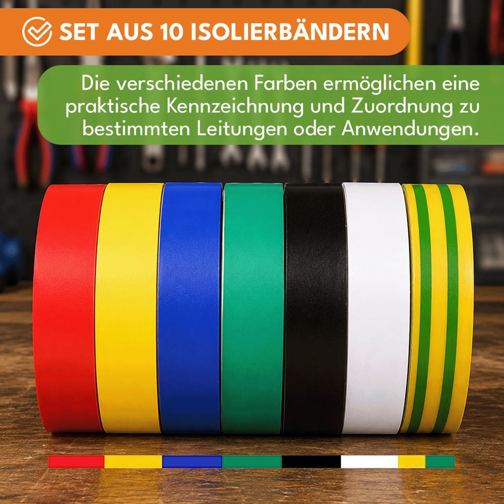 KRUMAD Isolierband Set 10 Rollen, Klebeband PVC, Isolier Tape, Reparaturband, für Haushalt, Werkstatt und geeignete Elektroarbeiten