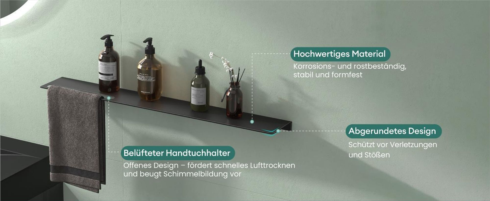 Mai & Mai Duschablage zum Bohren oder Kleben Duschregal Badablage aus Aluminium 60cm Badezimmerablage zur Wandmontage Organizer Matt schwarz Reglo-06