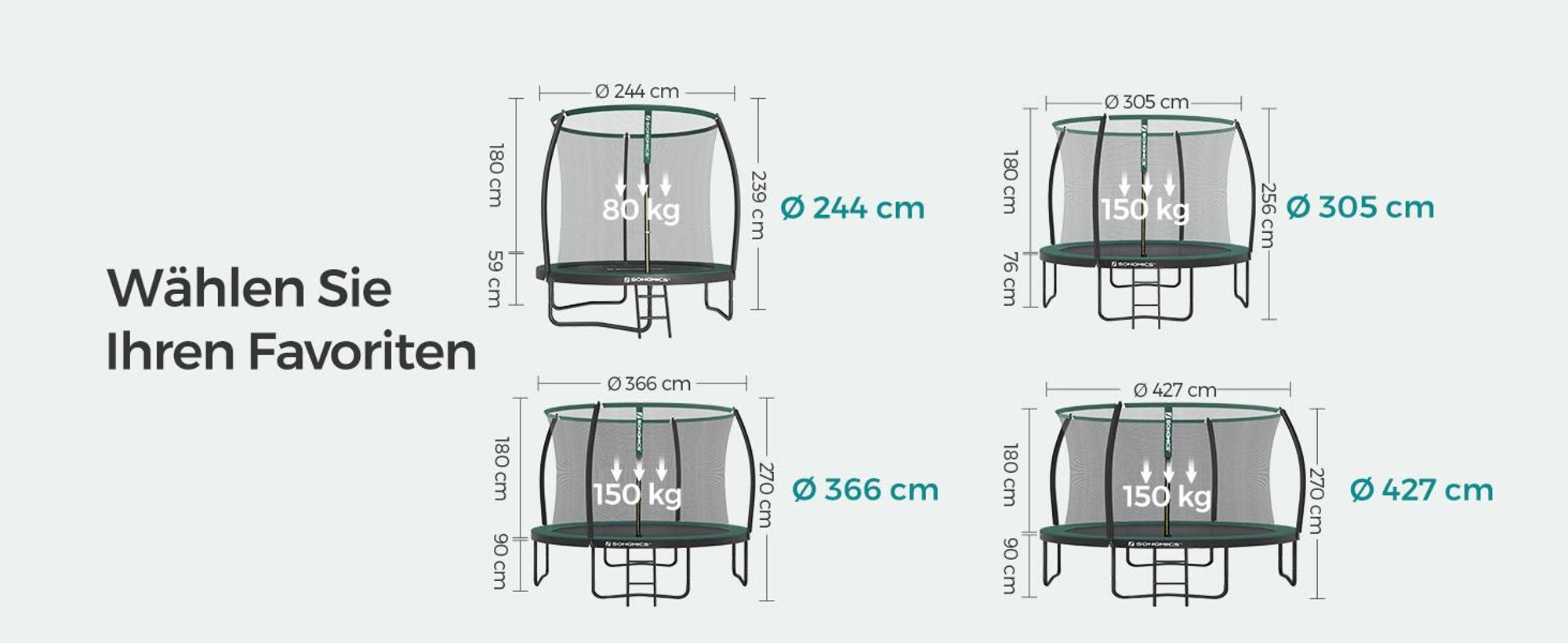 SONGMICS Trampolin Ø 427 cm, Gartentrampolin für Kinder mit Sicherheitsnetz, 180 cm hohe gebogene Stangen, Randabdeckung, Leiter, Stahlrahmen