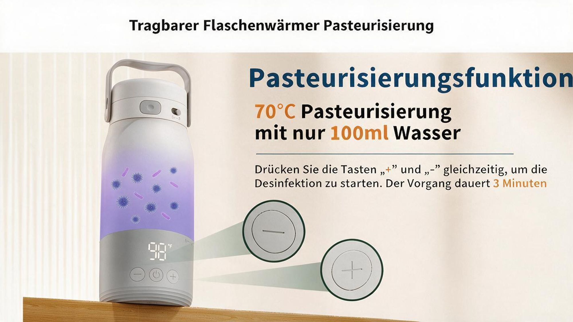 Tragbarer Babyflaschenwärmer für unterwegs, Flaschenwärmmit baby 500 ml 12800 mAh Akku, 2 Minuten bis 37°C, ±1°C LED Display, USB-C, IPX7
