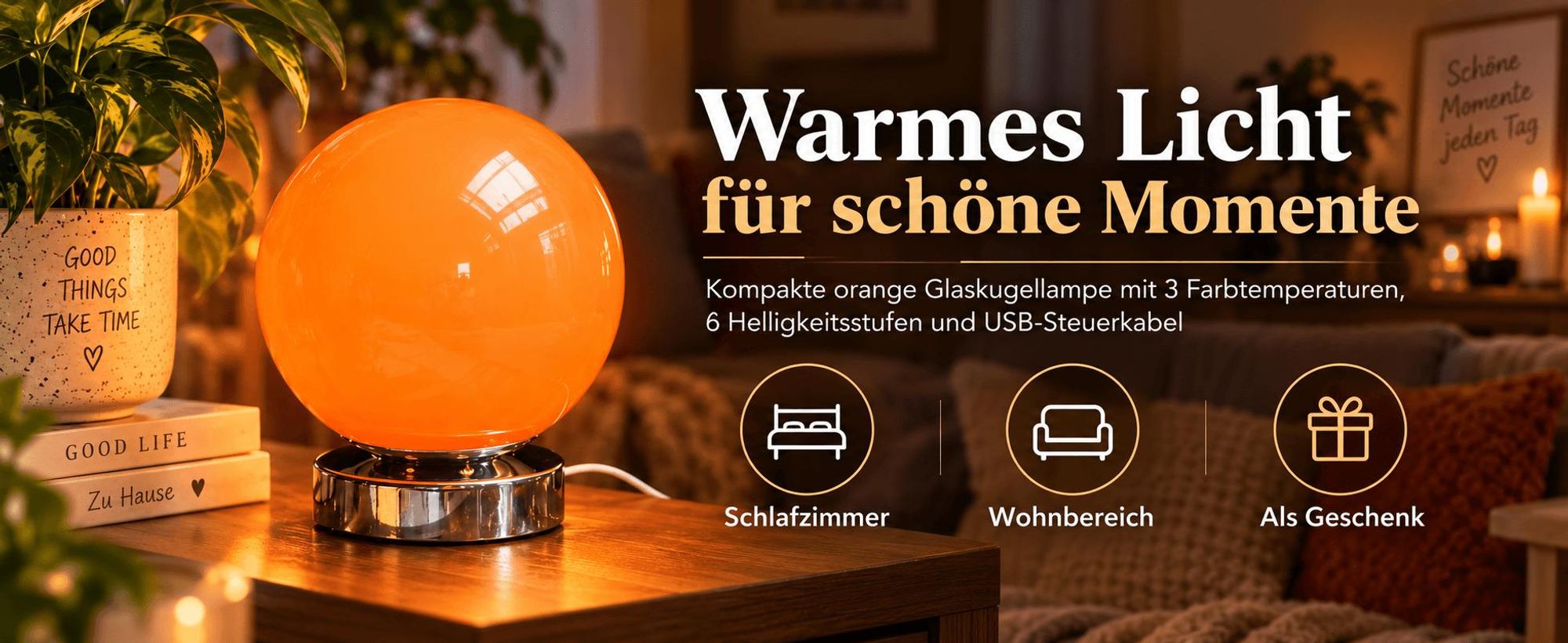 Orange Glas Nachttischlampe Kugel, dimmbare Tischlampe mit 3 Lichtfarben und 6 Helligkeitsstufen, moderne Dekolampe für Schlafzimmer, Wohnzimmer