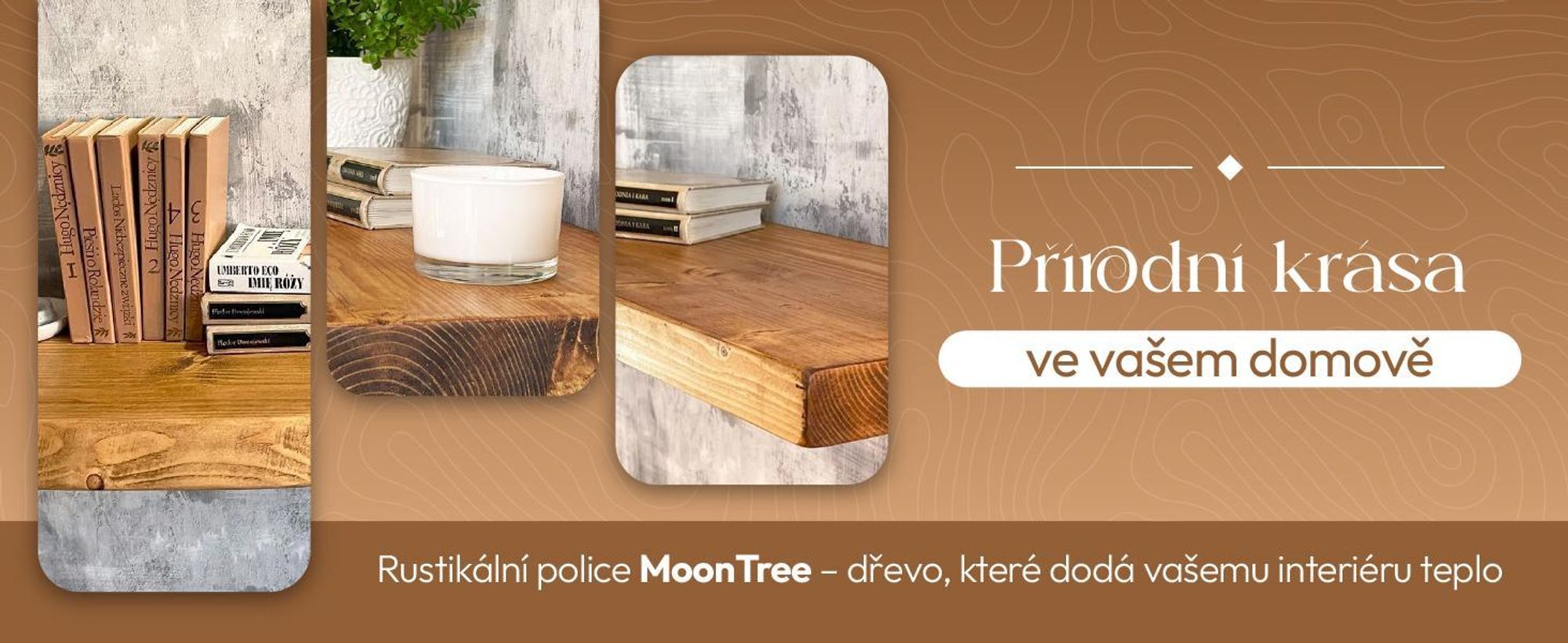 MoonTree | rustikální dřevěná nástěnná police Elvar, 30cmx3,8cmx50cm, Dub tmavý | Závěsná police, nástěnná police dřevěná do obývacího pokoje
