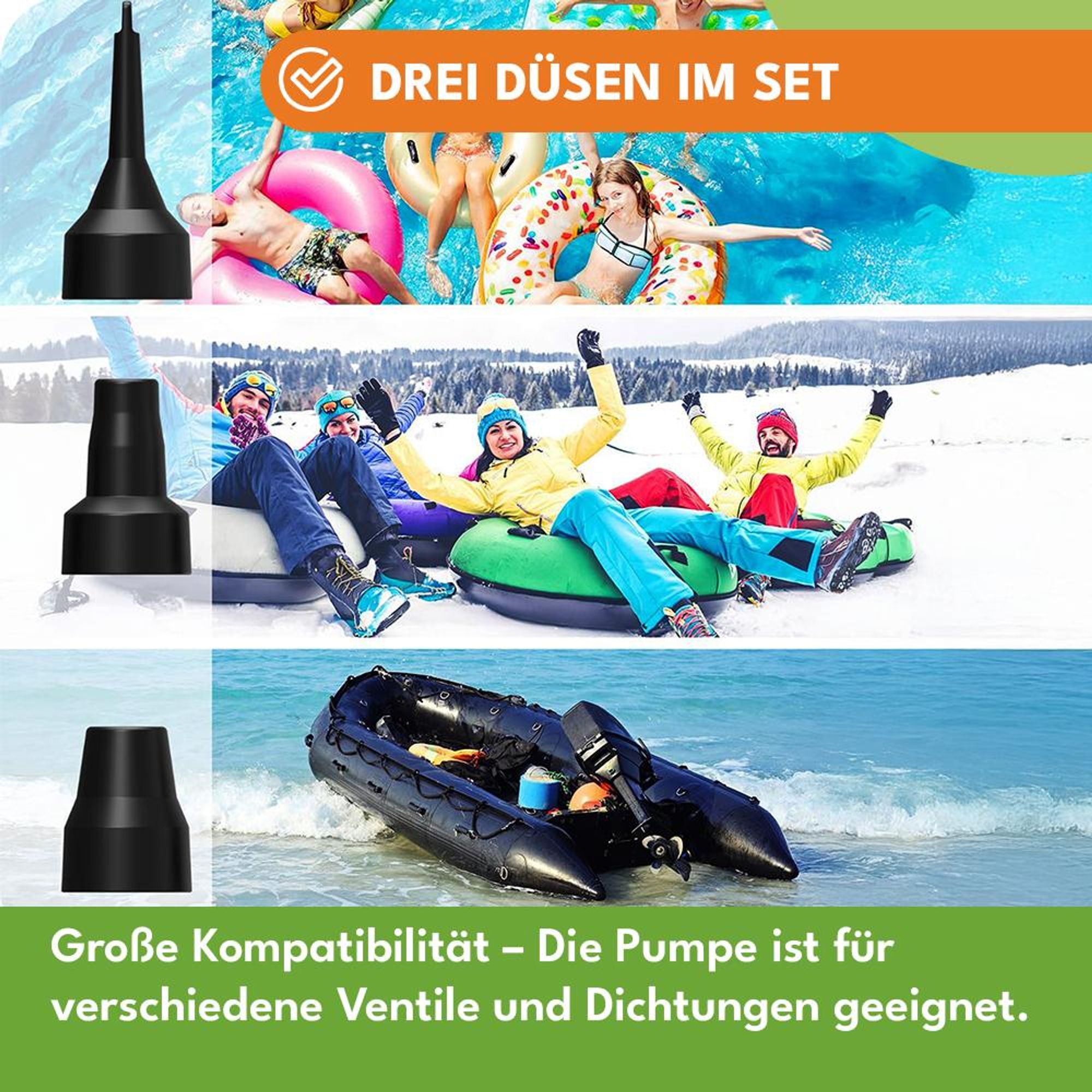 KRUMAD Elektrische Luftpumpe 12V/230V, 50W, mit Aufblas- & Entlüftungsfunktion, 3 Aufsätze, für Luftmatratzen, Pools, Boote und Spielzeug