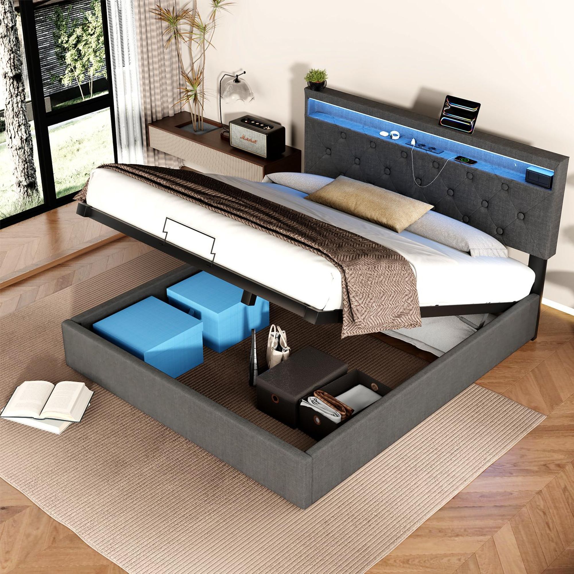 OYAJIA  Polsterbett 160x200cm mit Ladefunktion (USB&Typ-c), Jugendbett Doppelbett Stauraumbett mit LED, Hydraulisches Boxspringbett, Leinen, Grau